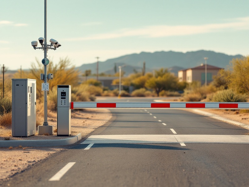 Acceso vehicular con barrera, lector y cámaras en un poste, con cerros del norte al fondo
