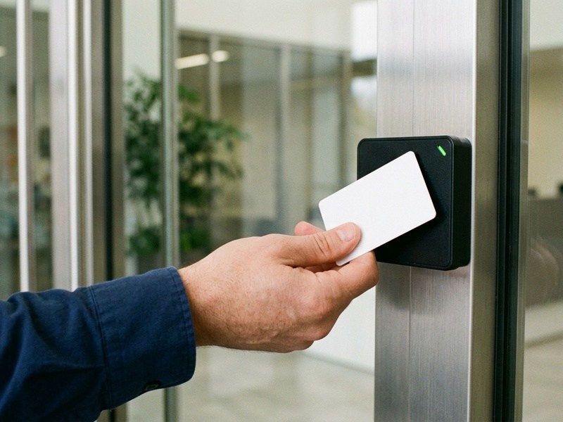 Mano acercando una credencial a un lector junto a una puerta de vidrio; el lector marca verde y abre