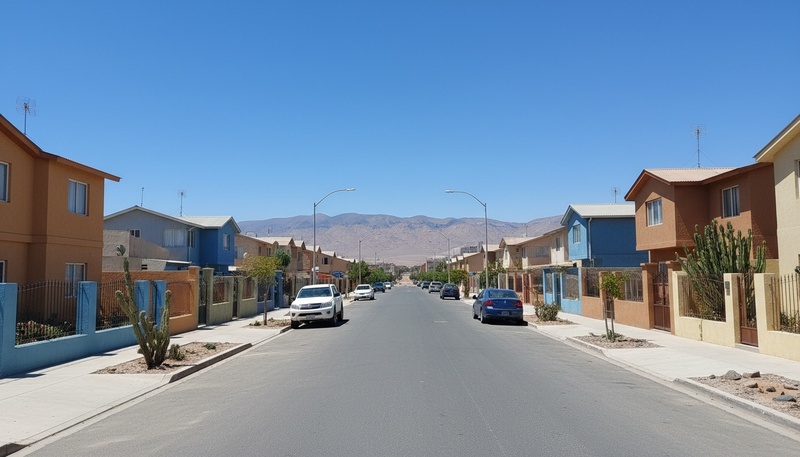 Calle residencial de la ciudad, con casas, autos y los cerros del desierto al fondo.