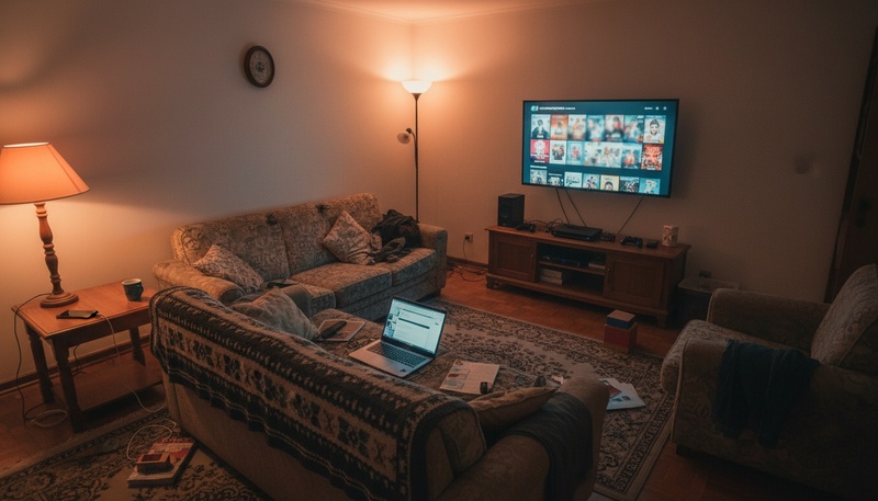 Living de una casa en la noche: la tele encendida, una consola bajo el mueble y un notebook abierto en el sill&oacute;n.