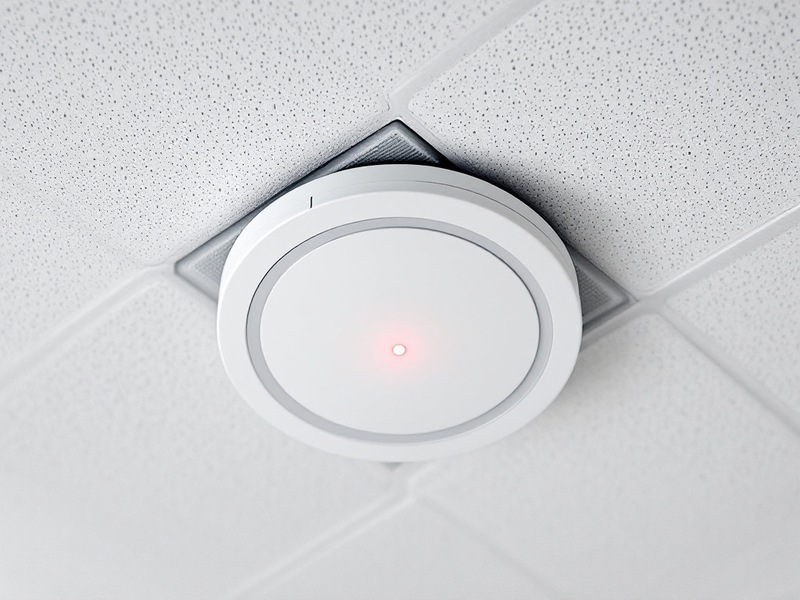 Punto de acceso WiFi redondo en un cielo raso, con la luz de estado en rojo