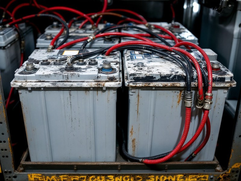 Baterías viejas con cables sueltos en el piso de una instalación improvisada