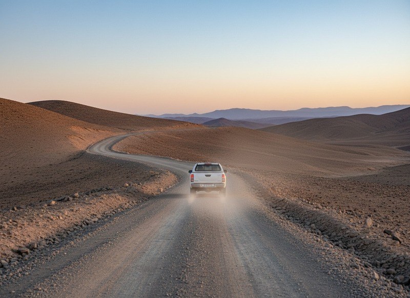 Camioneta avanzando por un camino de tierra en el desierto, lejos de cualquier antena