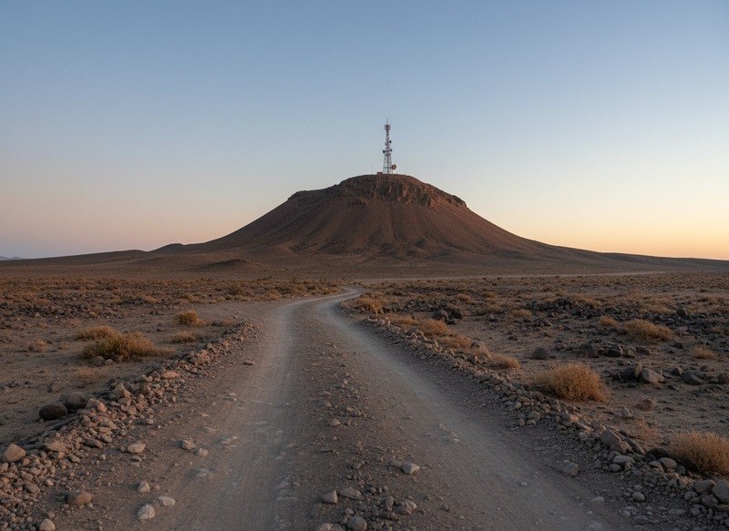 Camino de tierra hacia un cerro con una torre de comunicaciones en la cima