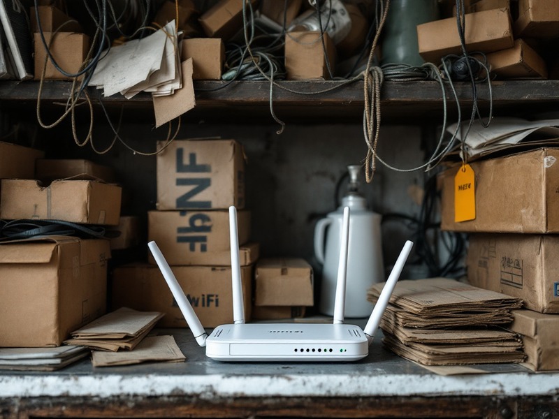 Router y cables sueltos sobre una repisa de bodega, entre cajas y papeles