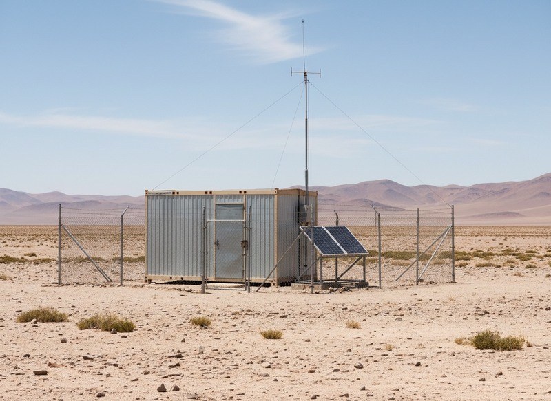 Contenedor con mástil y paneles solares en medio del desierto, sin nadie alrededor