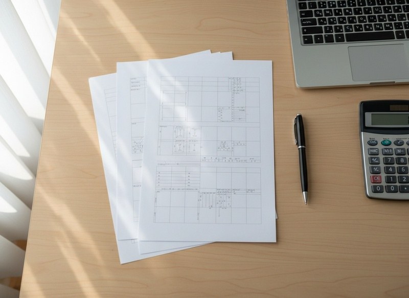 Planos y planillas de papel sobre un escritorio, junto a una calculadora y un computador