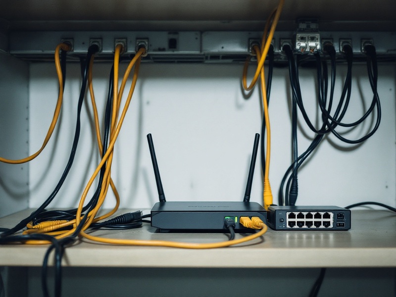 Router doméstico con todos los cables de la oficina conectados al mismo equipo