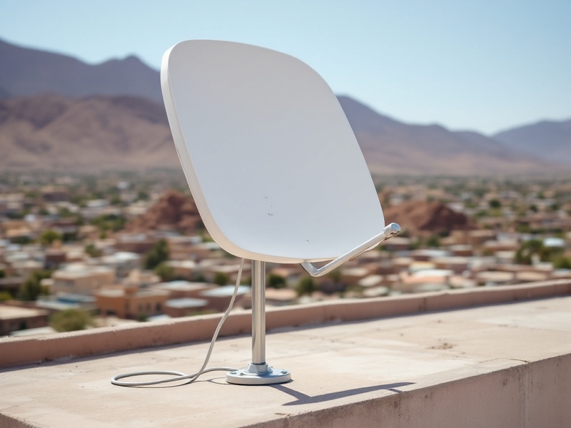 Antena satelital montada en el techo de una construcción, con una ciudad del norte al fondo