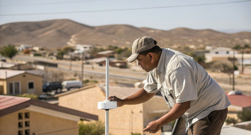 Un técnico alineando una antena inalámbrica en el techo de una casa, con el barrio y los cerros detrás.