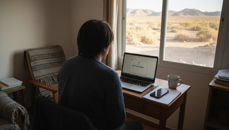 Una persona subiendo un archivo desde un notebook en su casa, con la barra de progreso a medio camino.