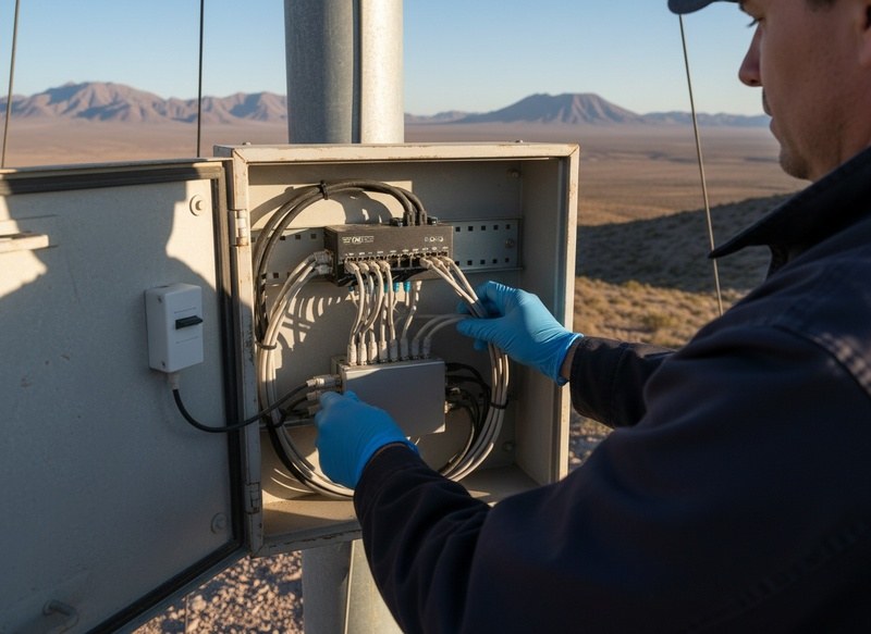 Técnico con guantes trabajando en un gabinete de red en terreno, con cerros del norte al fondo