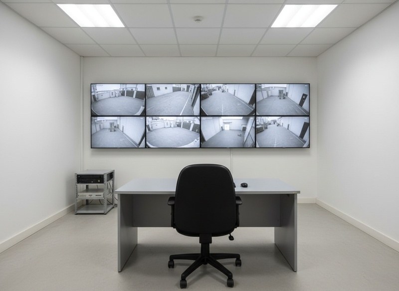 Sala de monitoreo con una pared de pantallas encendidas y ninguna persona mirándolas
