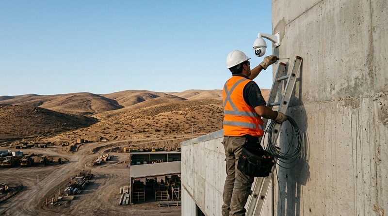 Técnico con casco y chaleco reflectante atornillando una cámara domo en un muro de hormigón, con los cerros del desierto al fondo