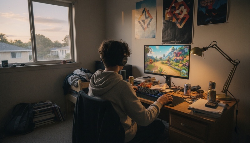 Alguien jugando en línea desde su pieza, con el monitor encendido.