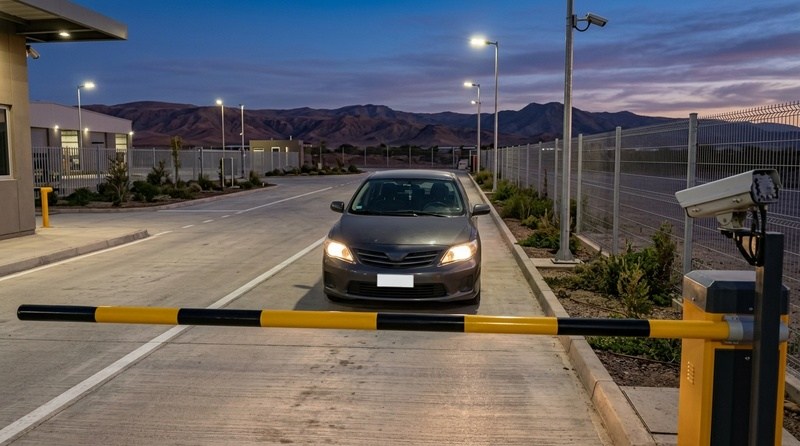 Sedán gris esperando frente a la barrera cerrada de un acceso moderno al atardecer, vista desde la cámara de patentes