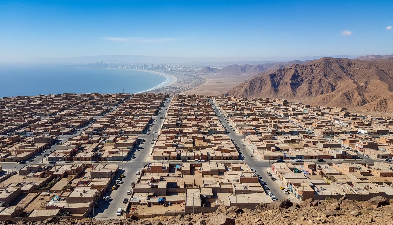 Vista desde la meseta sobre una ciudad del desierto: manzanas bajas y avenidas, y más allá el borde de la meseta con la costa y el océano al fondo.