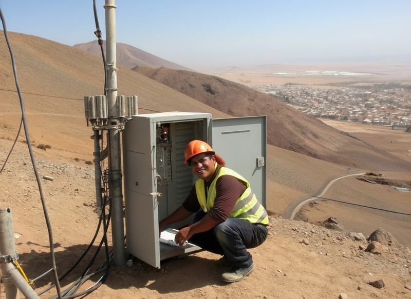 Técnico de Segtelco con casco y chaleco reflectante trabajando en un gabinete de equipos al pie de una torre, sobre un cerro del norte de Chile