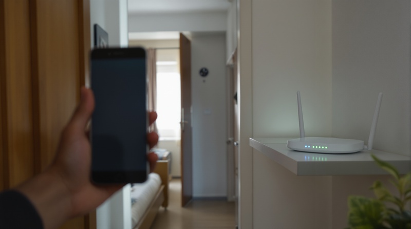 Una joven sentada en la cama de una pieza al fondo de la casa, levantando el celular para buscar se&ntilde;al.