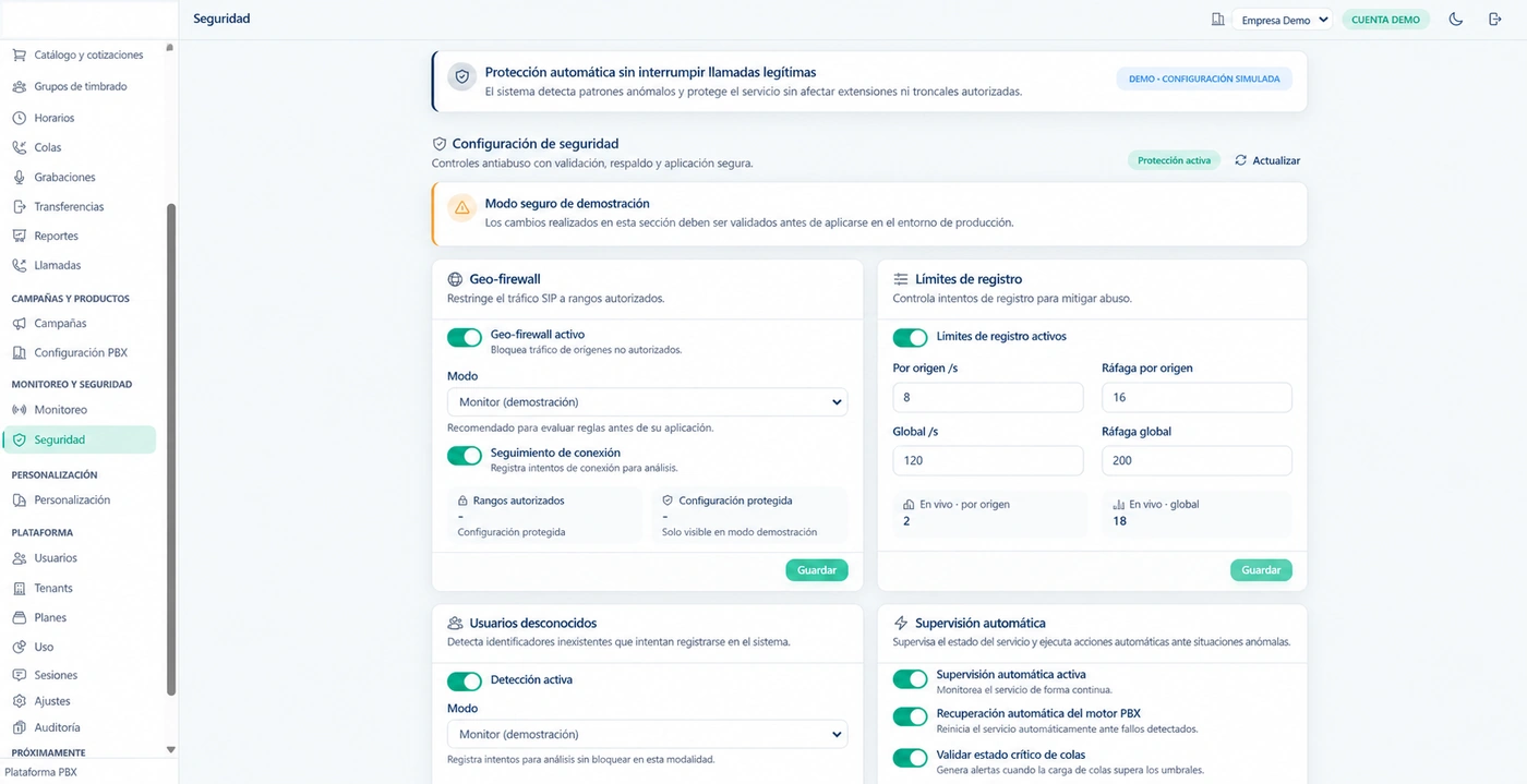 Configuración de seguridad con geo-firewall, límites de registro y supervisión automática