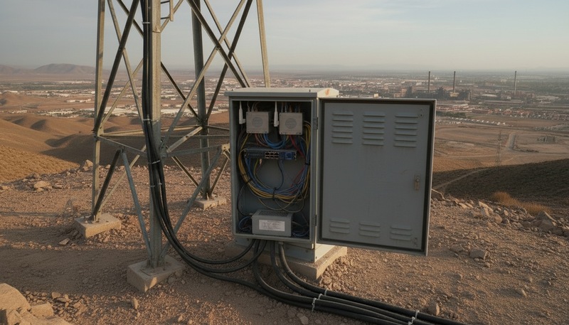 Antena de radioenlace montada en un mástil sobre un techo, con cerros del norte al fondo