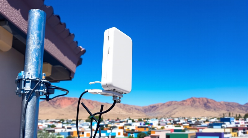 Antena Ubiquiti instalada en el techo de una casa, sobre mástil galvanizado, con la ciudad y los cerros detrás.