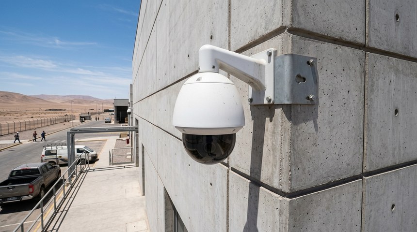 Cámara domo PTZ blanca en la esquina de un edificio industrial de hormigón