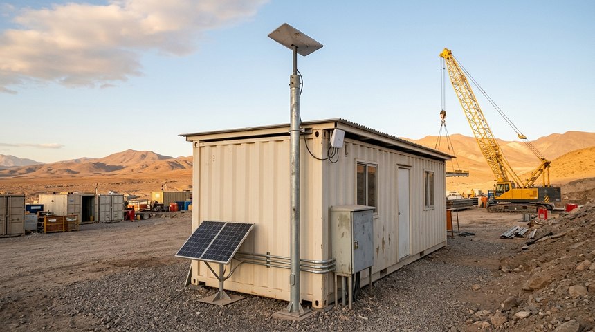 Contenedor de obra con antena satelital en su mástil, punto de acceso WiFi y panel solar, con una grúa al fondo