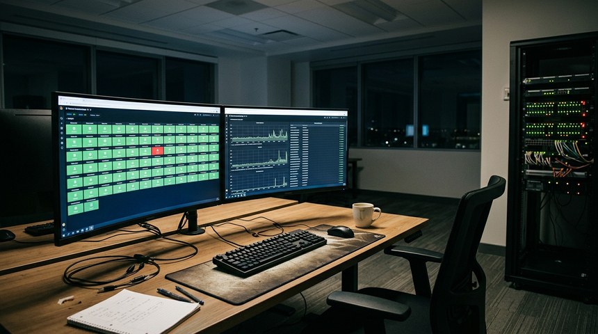 Escritorio de monitoreo con dos pantallas de estados y un rack encendido al lado
