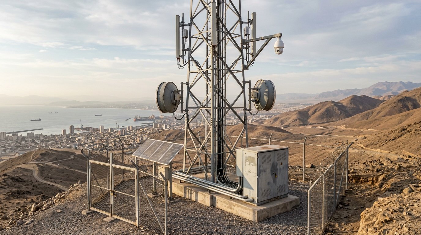 Sitio de telecomunicaciones cercado en un cerro del norte: torre con antenas y enlaces, cámara PTZ en su brazo, gabinete cerrado y paneles solares, con la ciudad y el mar al fondo