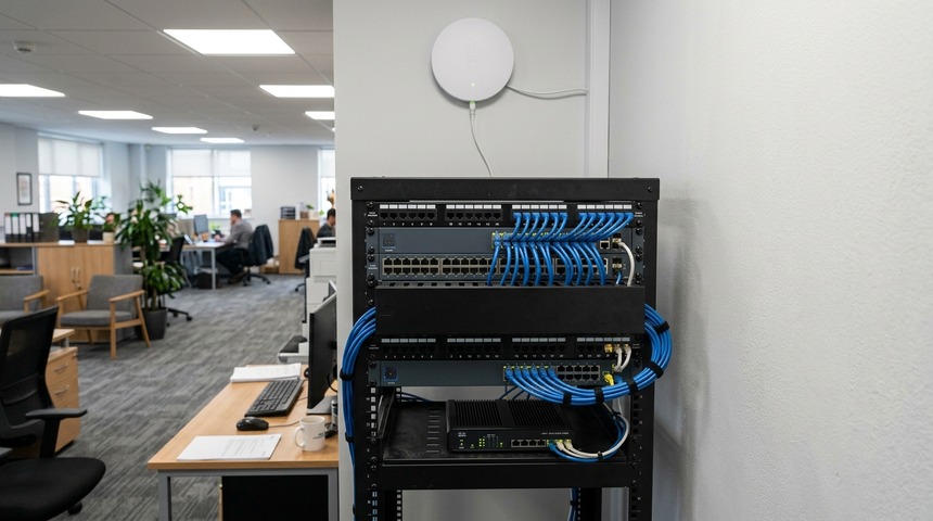 Rack de red ordenado en una oficina, con switches, patch panel y un punto de acceso WiFi en el muro