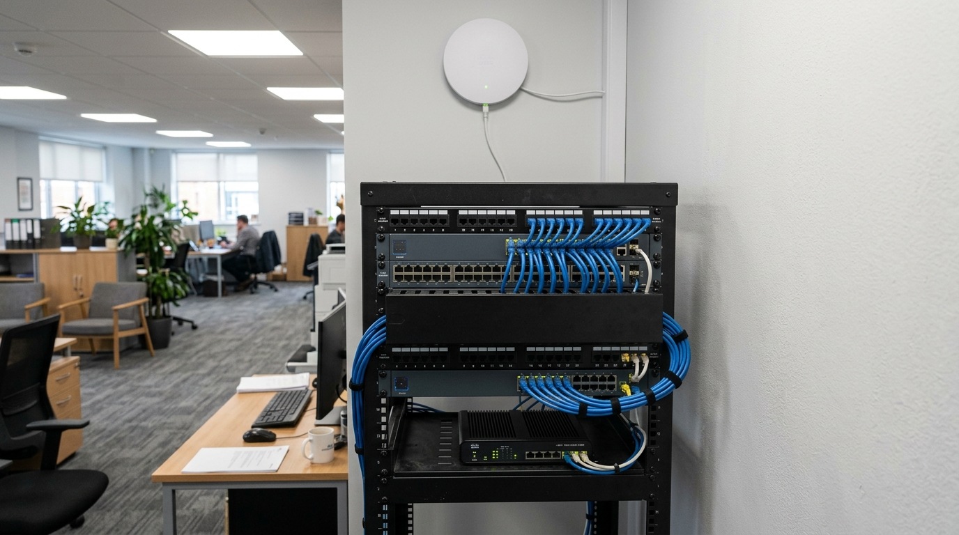 Rack de red ordenado en una oficina, con switches, patch panel y un punto de acceso WiFi en el muro